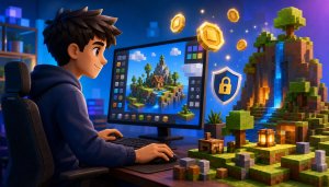Creator building a block-style virtual world with generic coins and an account safety shield